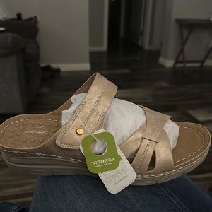 Women's Metallic Gold Comfort Slide Sandal with Adjustable Strap